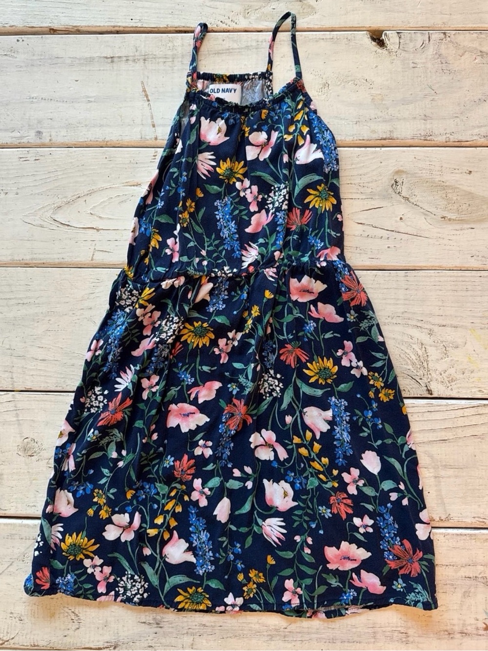 Old Navy Navy Floral Spaghetti-Strap Dress with Pink Yellow and Green Blooms